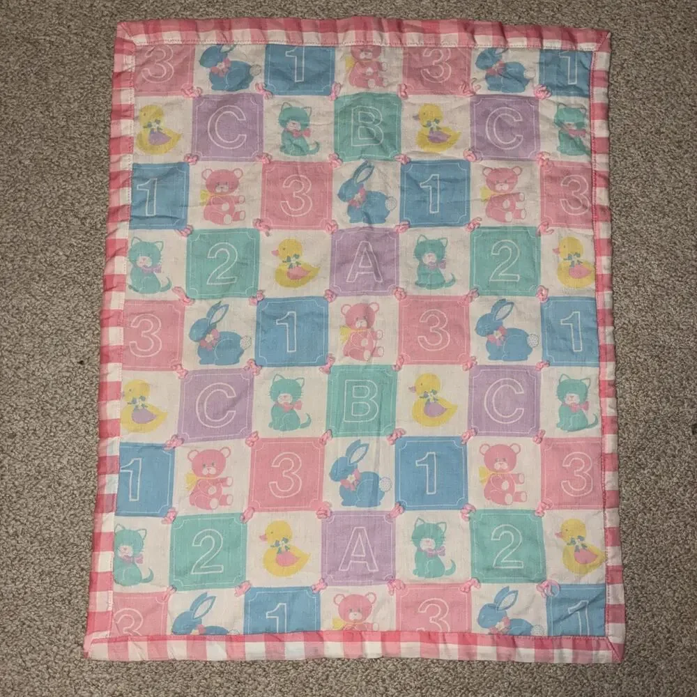 Vintage Handmade Baby Quilt Pastel Blocks Number Letter 123‎ ABC Bear Bunny Duck